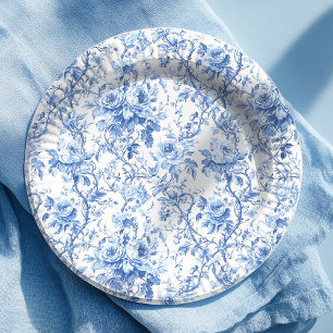 Cottage Blauwe Franse Toile Rozen Bloemen Papieren Bordje
