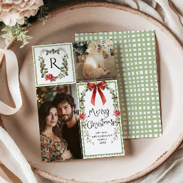 Cottage Core Monogram Bow Merry Christmas 2 Foto Feestdagenkaart