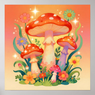 Cottage Core Paddenstoelen en Bloemen Poster