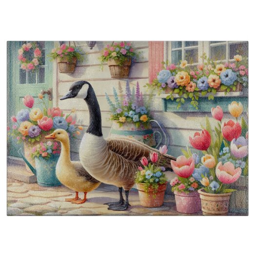 Cottage Garden Geese Spring Illustration Snijplank (Voorkant)