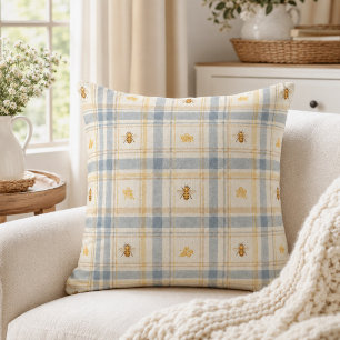 Cottage Garden Honeybee Bluebell Plaid  Kussen