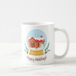 Cottage House et Snowman Christmas Snow Globe Mug<br><div class="desc">Une jolie illustration de Noël pour les fêtes. Illustration de la maison de chalet avec cheminée et toit rouge recouvert de la neige tombante. Un bonhomme de neige avec foulard bleu et boîte postale est à l'avant de la maison. La couronne, les feuilles et le faux orteil décorent le dessin....</div>