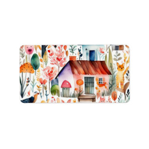 Cottage kern bloemenlandschap dieren huizen etiket