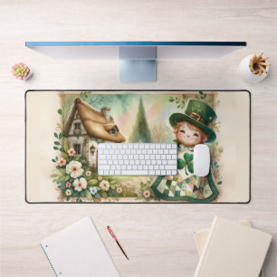 Cottage Leprechaun Patchwork Quilt Scene Bureaumat