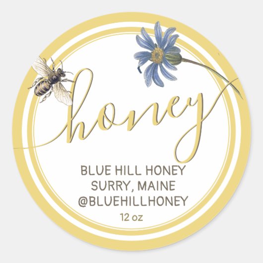 Cottage Stijl Blauwe Bloemen Honing Label met Bije (Voorkant)