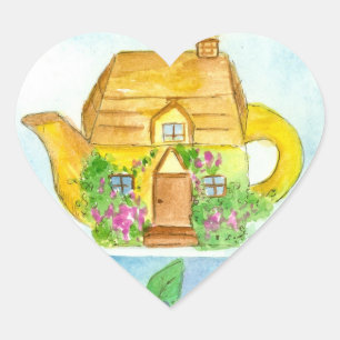 Cottage Theepot Lila Bloem Waterverf Kunst Hart Sticker