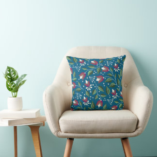 Cottagecore Bloemen Kussen in Diep Blauw en Rood