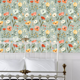 Cottagecore Bloemen op Sage Green Behang