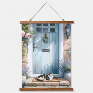 Cottagecore bloemenportiek met calicokat hangend wandkleed