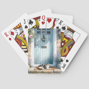 Cottagecore bloemenportiek met calicokat pokerkaarten