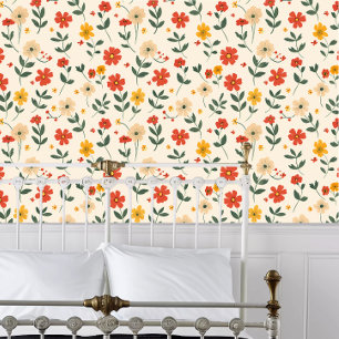 Cottagecore Bright Red en Yellow Flowers Behang