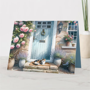 Cottagecore Floral Porch met Calico Cat Bedankkaart