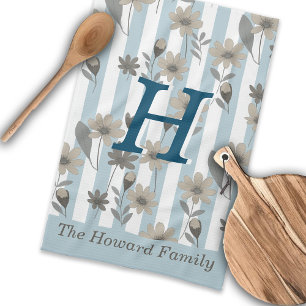 Cottagecore Herfst Floral Stripes Custom Monogram Theedoek