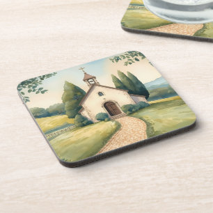 Cottagecore Kapel Pad Pastel Landschap Bier Onderzetter