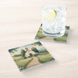 Cottagecore Kapel Pad Pastel Landschap Glazen Onderzetter