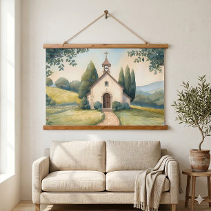 Cottagecore Kapel Pad Pastel Landschap Hangend Wandkleed