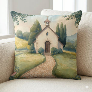 Cottagecore Kapel Pad Pastel Landschap Kussen