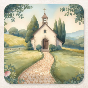 Cottagecore Kapel Pad Pastel Landschap Vierkante Kartonnen Onderzetter