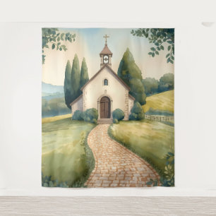 Cottagecore Kapel Pad Pastel Landschap Wandkleed