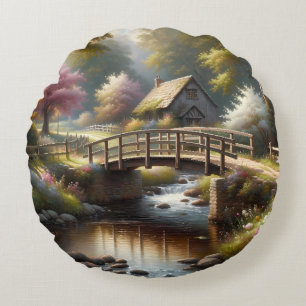 Cottagecore Lente Brug Cottage Scene Rond Kussen
