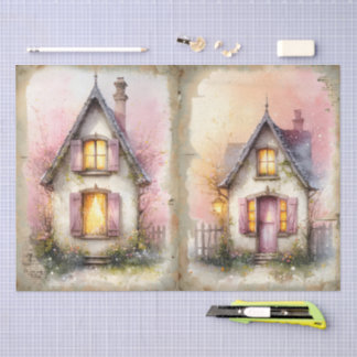 Cottagecore lentehuis in bloei in waterverf tissuepapier
