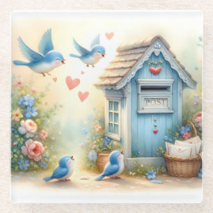 Cottagecore Liefdesbrieven Blauwe Vogel Brievenbus Glazen Onderzetter