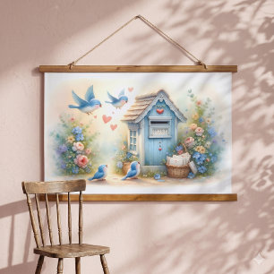 Cottagecore Liefdesbrieven Blauwe Vogel Brievenbus Hangend Wandkleed