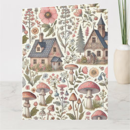 Cottagecore Mushroom en Bloemenpatroon Kaart