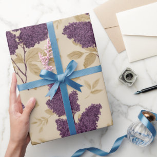 Cottagecore Paarse Bloem Crème Bloempatroon Cadeaupapier
