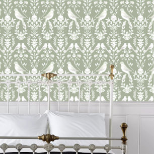 Cottagecore Papercut Vogels op Licht Olijfgroen Behang