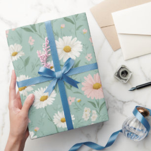 Cottagecore Pastel Madeliefje Mint Bloemmotief Cadeaupapier