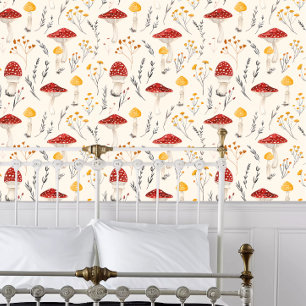 Cottagecore Rood en Geel Paddenstoelen Behang