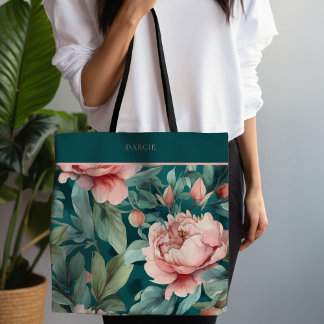 Cottagecore Roze en Groene Bloemen Draagtas