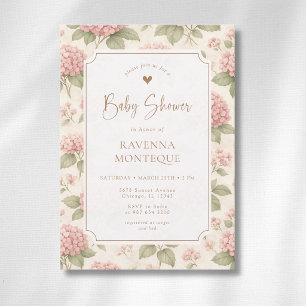 Cottagecore Roze Hydrangea Gouden Baby Shower Kaart
