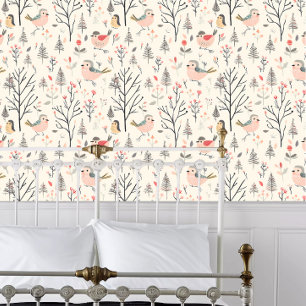 Cottagecore Roze Vogel Behang