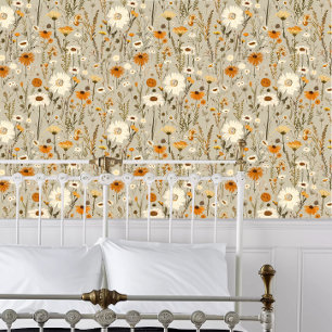 Cottagecore Sinaasappel en Witte Wildbloemen Behang