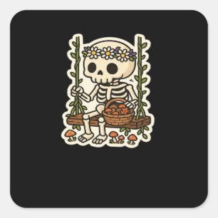 Cottagecore Skelet Met Bloemenkrans Vierkante Sticker