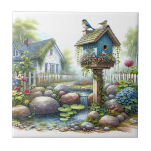 Cottagecore Vogelhuisje Tuin Aquarel Tegeltje