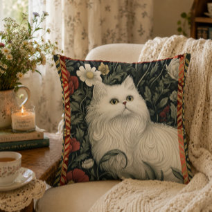 Cottagecore Witte Kat in William Morris Stijl Kussen