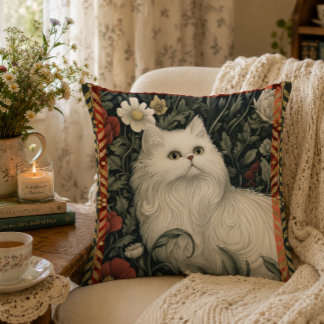 Cottagecore Witte Kat in William Morris Stijl Kussen