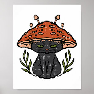 Cottagecore Zwart Kat Paddestoel Leuke Vrouwen Mei Poster