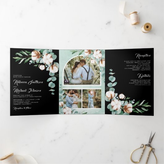 Cotton Eucalyptus Photo All in One Black Wedding Drieluik Uitnodiging (Binnen)
