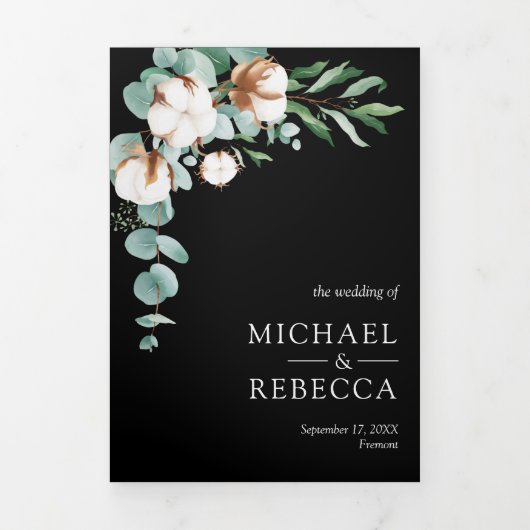Cotton Eucalyptus Photo All in One Black Wedding Drieluik Uitnodiging (Cover)