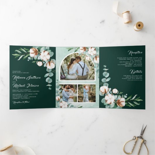 Cotton Eucalyptus Photo All in One Emerald Wedding Drieluik Uitnodiging (Binnen)