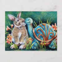 Cottontail Rabbit & Turtle Statue Waterverf Art