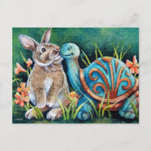Cottontail Rabbit & Turtle Statue Waterverf Art Briefkaart