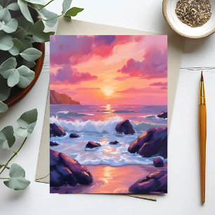 Coucher de soleil corail rose   Carte aquarelle Va