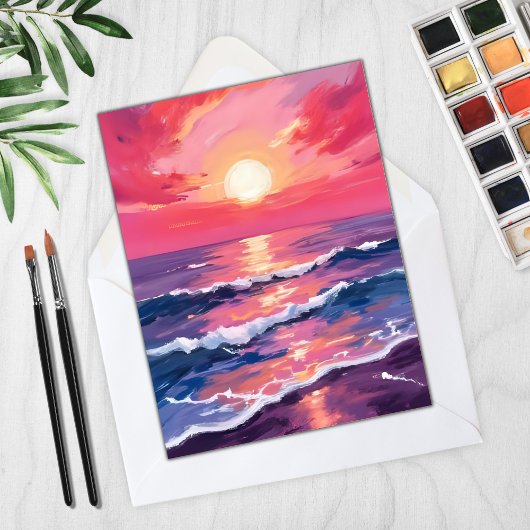 Coucher de soleil rose Purple Ocean Waves Carte Wa