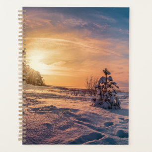 Coucher de soleil sur la côte de la mer d'hiver