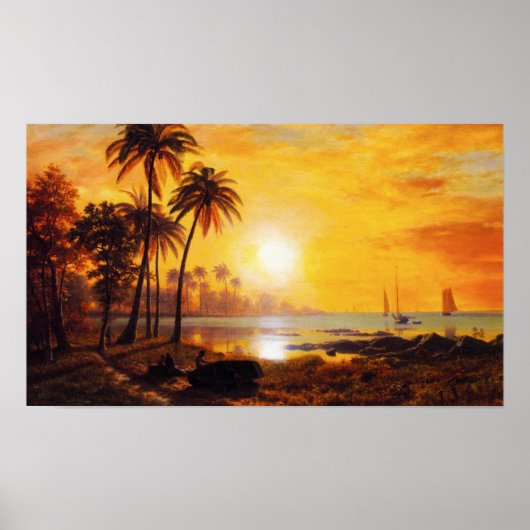 Coucher de soleil tropical avec affiche de bateaux (Devant)